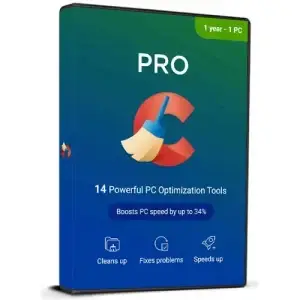 "Box of CCleaner Pro software featuring 14 powerful PC optimization tools, with claims to boost PC speed by up to 34%. The box is primarily blue and green with a prominent red and yellow cleaning brush logo