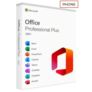 Box cover of Microsoft Office Professional Plus 2021 featuring icons for Word, Excel, PowerPoint, Outlook, Teams, OneNote, Publisher, and Access on the left side.