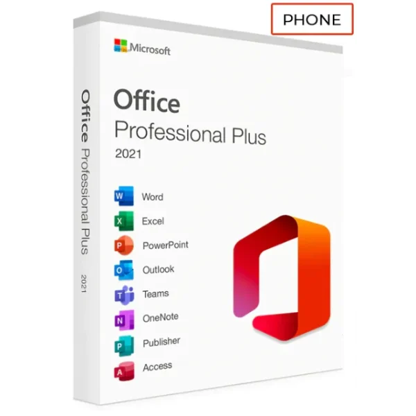 Box cover of Microsoft Office Professional Plus 2021 featuring icons for Word, Excel, PowerPoint, Outlook, Teams, OneNote, Publisher, and Access on the left side.