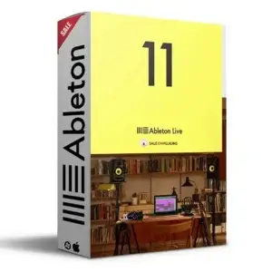 Box for Ableton Live 11 software. The packaging features a yellow design with a photo of a music studio setup, including monitors and a laptop. The word "Ableton" is on the side of the box.