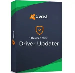 Avast Driver Updater software box for 1 device, 1-year subscription. The box features a dark blue background with green accents, displaying the Avast logo, an orange shield icon, and white text.