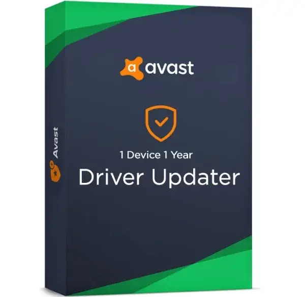 Avast Driver Updater software box for 1 device, 1-year subscription. The box features a dark blue background with green accents, displaying the Avast logo, an orange shield icon, and white text.