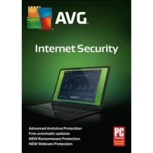 "Box of AVG Internet Security software with a green and black design, featuring the AVG logo, an image of a laptop screen, and text promoting antivirus, ransomware, and webcam protection."