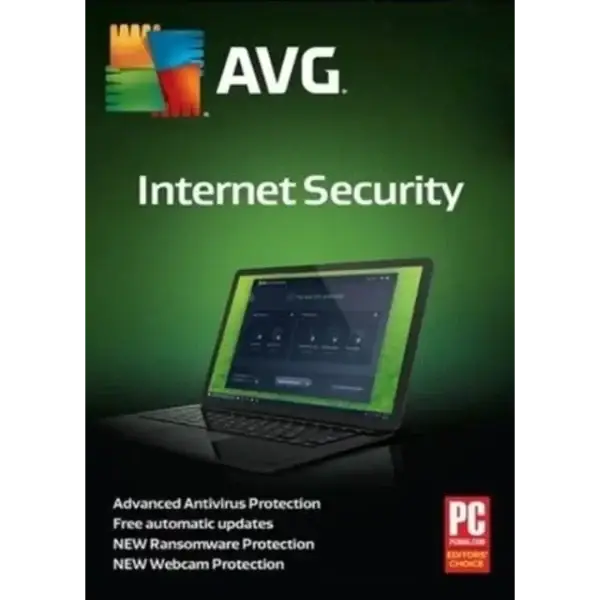 "Box of AVG Internet Security software with a green and black design, featuring the AVG logo, an image of a laptop screen, and text promoting antivirus, ransomware, and webcam protection."