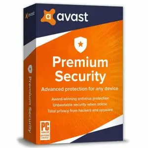 "Box of Avast Premium Security software with an orange and white design, featuring the Avast logo and text highlighting advanced protection, antivirus security, and privacy features."