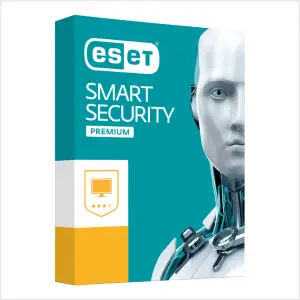 "Box of ESET Smart Security Premium software featuring a partial image of a futuristic robot on a teal background. The packaging highlights the software's premium security features, with an icon of a shielded computer on a yellow and white section."