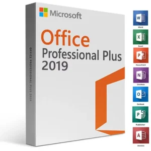 Box cover for Microsoft Office Professional Plus 2019, featuring the Microsoft logo and orange Office logo. Icons for Word, Excel, PowerPoint, OneNote, Outlook, Publisher, and Access are displayed on the right.