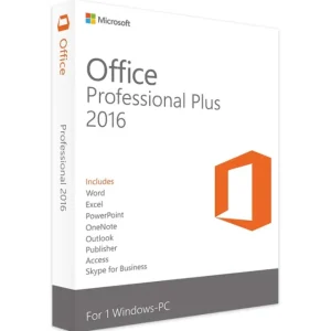 "Box packaging of Microsoft Office Professional Plus 2016 for Windows, featuring a clean white design with the orange Office logo. The package highlights the inclusion of Word, Excel, PowerPoint, OneNote, Outlook, Publisher, Access, and Skype for Business."