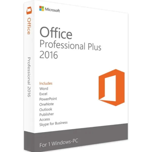 "Box packaging of Microsoft Office Professional Plus 2016 for Windows, featuring a clean white design with the orange Office logo. The package highlights the inclusion of Word, Excel, PowerPoint, OneNote, Outlook, Publisher, Access, and Skype for Business."