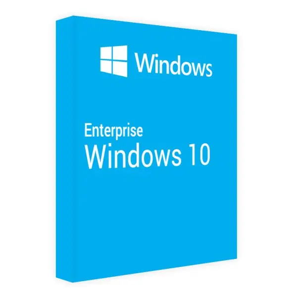 Box cover for Windows 10 Enterprise, featuring a light blue background with the Windows logo and text "Enterprise Windows 10" in white.