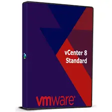 The image depicts a product box for VMware vCenter 8 Standard software. The box features a dark purple background with angular, overlapping shapes in shades of red and dark blue, creating a geometric pattern. The text "vCenter 8 Standard" is displayed in white on the right side of the box, positioned within a red section of the design. The VMware logo is located at the bottom in red text. The overall design conveys a modern and professional aesthetic, highlighting the software's enterprise-level capabilities.