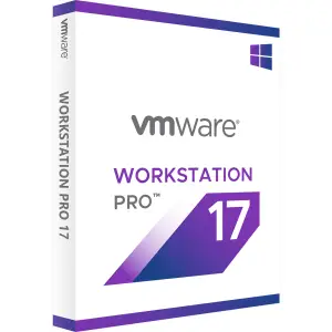 The image is a product box for VMware Workstation Pro 17 software. The design features a predominantly white background with the VMware logo in gray at the top center. Below the logo, "WORKSTATION PRO" is written in bold purple letters, followed by the version number "17" in large white text against a gradient purple and blue geometric shape. The box also includes a small Windows logo in the top right corner, indicating compatibility with the Windows operating system. The left side of the box displays the text "WORKSTATION PRO 17" vertically in gray. The overall design is sleek and modern, emphasizing the software's professional and high-tech nature.