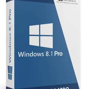 "Box packaging of Windows 8.1 Pro software with a blue and white design. The front features the Windows logo and the text 'Windows 8.1 Pro.'