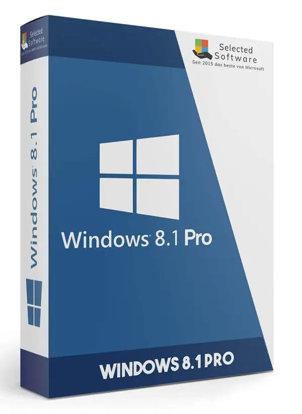 "Box packaging of Windows 8.1 Pro software with a blue and white design. The front features the Windows logo and the text 'Windows 8.1 Pro.'