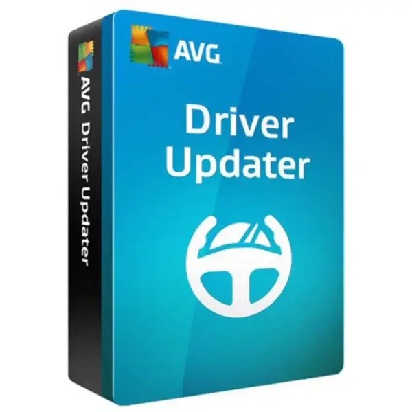 Box of AVG Driver Updater software, displaying logo and text on a blue background.