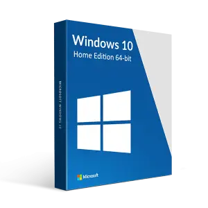 The image shows the packaging for Windows 10 Home Edition 64-bit. The box features a blue and white design with the Windows logo and text reading "Windows 10 Home Edition 64-bit" on the front. The Microsoft logo is at the bottom.