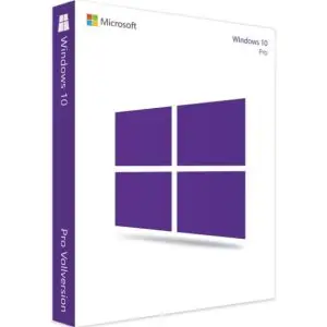 "Box packaging for Microsoft Windows 10 Pro with a Retail Key, featuring a minimalist white design with a purple Windows logo and text on the front and spine."