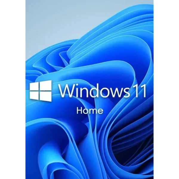 The image shows the Windows 11 Home logo against a blue abstract background. The Windows logo is positioned to the left, with the text "Windows 11 Home" to the right.