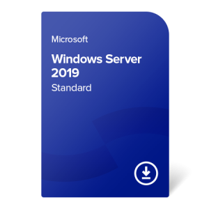 "Cover image for Microsoft Windows Server 2019 Standard edition, featuring a deep blue background with white text and a download icon in the bottom right corner."