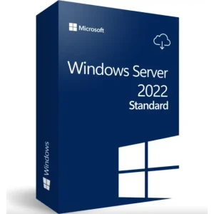 "Box packaging for Microsoft Windows Server 2022 Standard edition, featuring a dark blue design with white text and icons, including the Windows logo and a cloud download symbol."