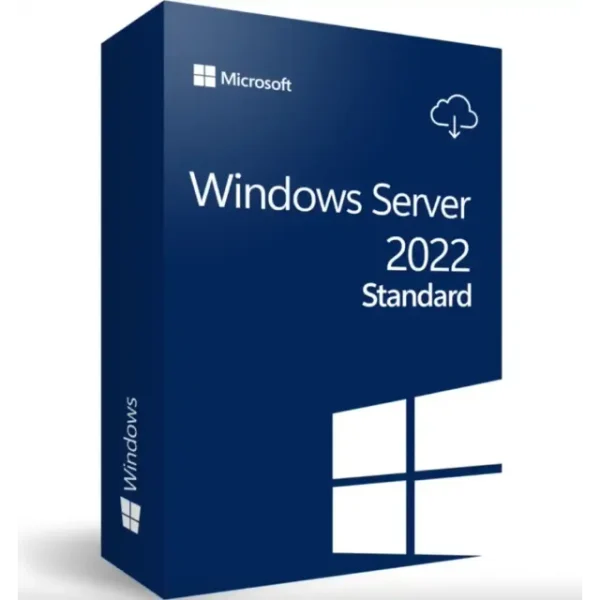 "Box packaging for Microsoft Windows Server 2022 Standard edition, featuring a dark blue design with white text and icons, including the Windows logo and a cloud download symbol."