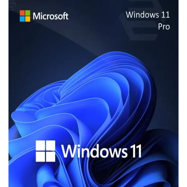 Windows 11 Pro promotional image featuring the Microsoft logo, the Windows 11 name, and a swirling blue abstract design in the background.