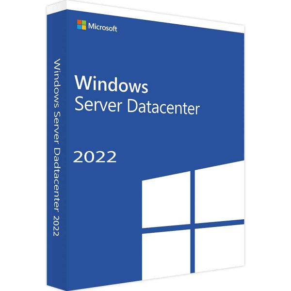 "Box cover for Microsoft Windows Server Datacenter 2022, featuring a blue background with white text and a partial Windows logo in the bottom right corner."